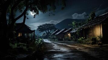 A dirt road winds through a village under a starry night sky with a full moon. photo