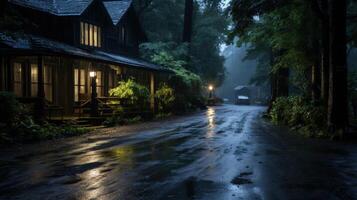 A dimly lit wooden cabin with a porch and steps stands alone in a misty forest. A single car drives down a wet road, its headlights reflecting off the puddles. photo