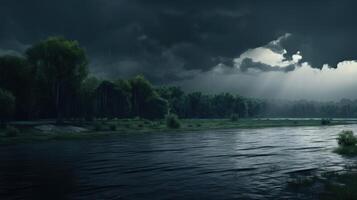 A dramatic storm cloudscape over a river flowing through a forest. photo