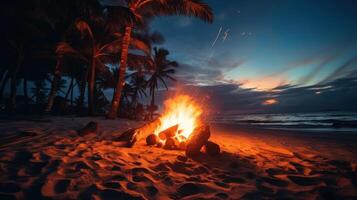 A fiery beach bonfire burns brightly on the sand beneath a twilight sky and palm trees. photo