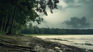 A dramatic view of a lake with a dark and stormy sky above. The trees along the shore are silhouetted against the stormy sky. Rain falls heavily, and the lake water is choppy. photo