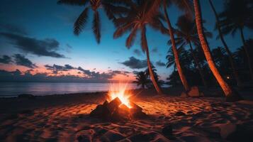 A fiery bonfire burns brightly on a sandy beach with palm trees silhouetted against the dusk sky. photo