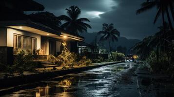 A flooded street with a car driving through it at night in a tropical area, with a house lit up in the foreground. photo