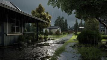 A flooded pathway with houses on either side, and rain falling from a cloudy sky. photo