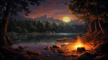 A fiery campfire burns on the shore of a lake, surrounded by rocks and trees, under a sunset sky with a bright sun and stars. photo