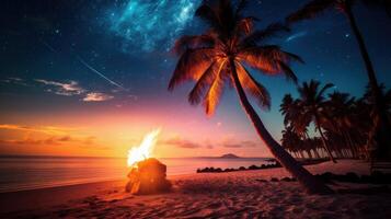 A fiery sunset casts warm light on a beach lined with palm trees and a crackling bonfire, while the starry sky above twinkles with cosmic wonder. photo