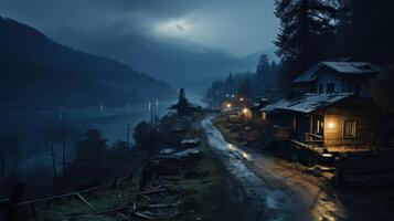A foggy night in a small village with wooden houses by the lake with a full moon shining in the dark sky. photo