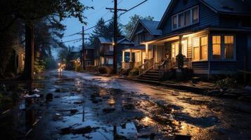 A flooded street with houses on both sides and street lights illuminate the road. photo