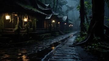 A foggy forest path lined with wooden houses at night, lit by lanterns. photo