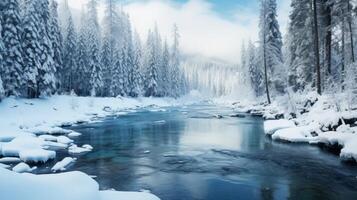 A frosty river winds through a snow-covered forest with a clear blue sky above. photo