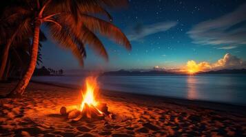 A glowing bonfire on a sandy beach at sunset with palm trees, ocean, mountains and a starry sky. photo