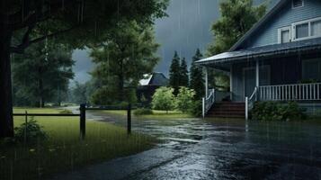 A house on a street with a porch, surrounded by trees in a heavy rainstorm, with the water flooding the street. photo