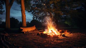 A glowing campfire in the dark forest, illuminated by a bright fire. photo