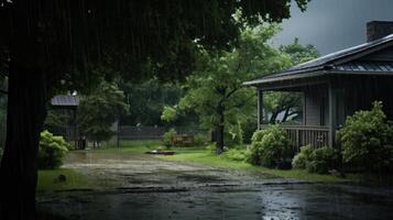 A house with a porch sits in a lush green yard during a rainstorm. photo