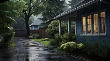 A house with a porch stands under a dark sky as heavy rain falls around it. A wet driveway leads up to the porch, with green bushes in the foreground. photo