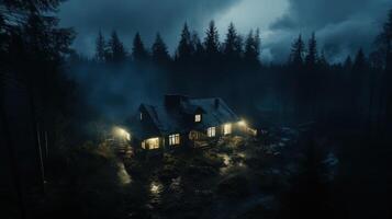 A lone cabin with lit windows sits in a misty forest at night, with a stream flowing through the grounds. photo