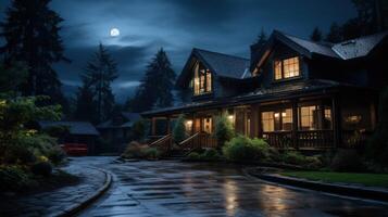 A large, modern home with a wrap-around porch and a driveway illuminated by the moon at night. photo