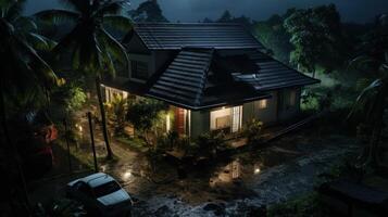 A house with a tiled roof sits amidst lush greenery and a flooded driveway on a stormy night. photo