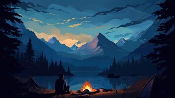 A lone camper sits by a campfire, gazing at a beautiful mountain range and lake. photo