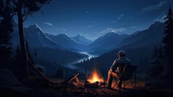 A lone camper sits by a campfire under a starry night sky, overlooking a lake and mountain range. photo