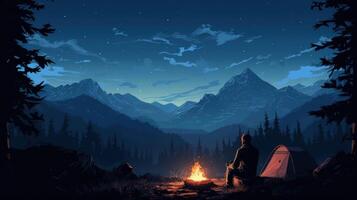 A lone camper sits by a campfire with a tent behind him, under a starry sky, and mountain range in the background. photo