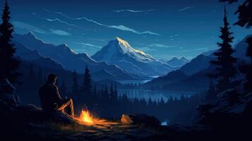 A lone figure sits by a campfire in a vast mountain range at dusk. The silhouette of a man sitting by a campfire with mountains, a lake, and a starry sky in the background. photo