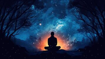 A lone figure meditates in a surreal forest, surrounded by a starry sky and glowing light. photo