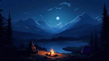 A lone figure sits by a campfire in the mountains under a full moon. photo