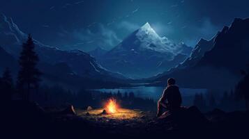 A lone figure sits by a campfire under a starry night sky, overlooking a snowy mountain range. photo