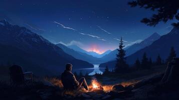 A lone figure sits by a campfire under a starry sky with a lake and mountains in the distance. photo