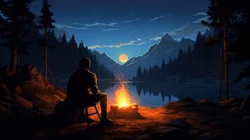 A lone figure sits by a campfire under a starry sky, mountains and a lake in the background. photo