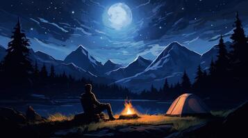 A lone figure sits by a campfire under a full moon in a mountain lake setting. photo