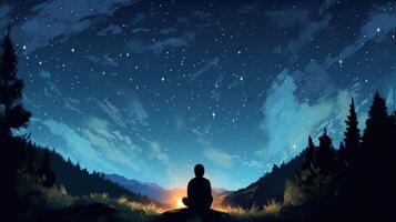A lone figure sits by a campfire under a starry sky, surrounded by trees and mountains, enjoying the peace and tranquility of nature. photo