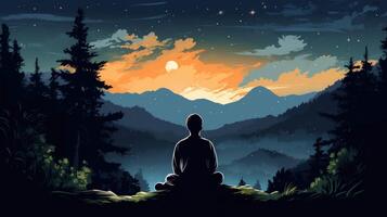 A lone figure sits in meditation against a backdrop of majestic mountains and a starry night sky. The scene evokes a sense of peace and tranquility. photo