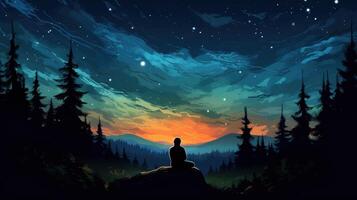 A lone figure sits on a rock overlooking a forest with a starry sky above. photo