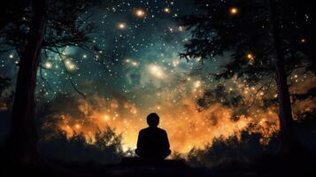 A lone figure sits in a forest clearing, gazing up at a night sky filled with stars. photo