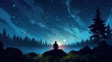 A lone figure sits on a rock in a forest clearing under a night sky full of stars. photo