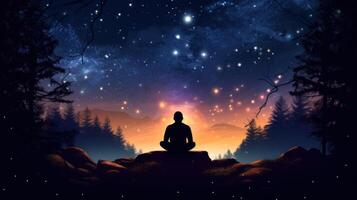 A lone figure sits on a rock, silhouetted against a night sky filled with stars and glowing orbs, as a distant mountain range fades into the horizon. photo