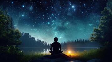 A lone figure sits on a rock by a lake, gazing up at a vast, starry night sky. The silhouette of the person is illuminated by a small light in front of them, while the surrounding forest is dark and mysterious. photo