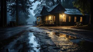 A lone house in the forest with a single light on. The house is surrounded by trees and there is a muddy path leading up to it. There is a puddle in the foreground, reflecting the light from the window. photo