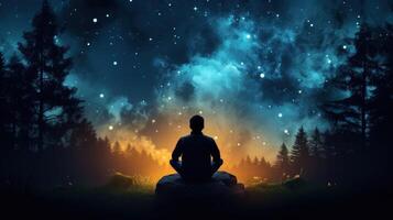 A lone man sits on a rock under a starry night sky, silhouetted against a vibrant nebula, surrounded by a dark forest. photo