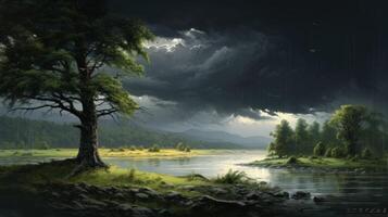 A lone tree stands tall by a river, a dark sky with clouds filled with rain hanging above the rolling hills beyond. photo