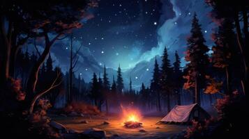A lone tent stands in a clearing in a forest under a starry night, illuminated by a warm campfire. photo