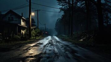 A lonely house sits at the end of a deserted road at night. The street lamp illuminates the wet pavement and a dark forest surrounds the property. photo