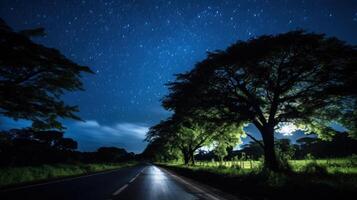 A long, dark road winds through a forest under a sky full of stars, with a single tree in the foreground. photo