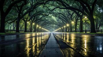 A long, wet road lined with trees after a rain shower. The streetlights cast a warm glow on the pavement. photo