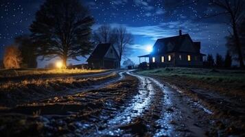 A long dirt road winds through a field at night, leading to a lit house with a porch under a starry sky. photo