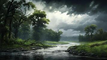 A lush green forest with a river running through it, the sky is cloudy and raining. photo