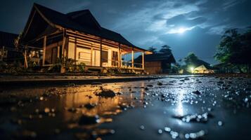 A low angle view of a wet, reflective ground with a wooden house in the background at night. photo