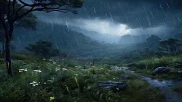 A lush green forest with a stream running through it, with a stormy sky overhead and rain falling. photo